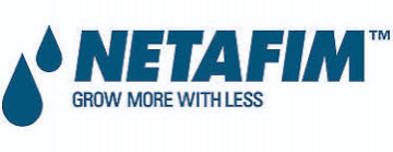 netafim logo - blue text with tagline grow more with less. features two stylized water drops