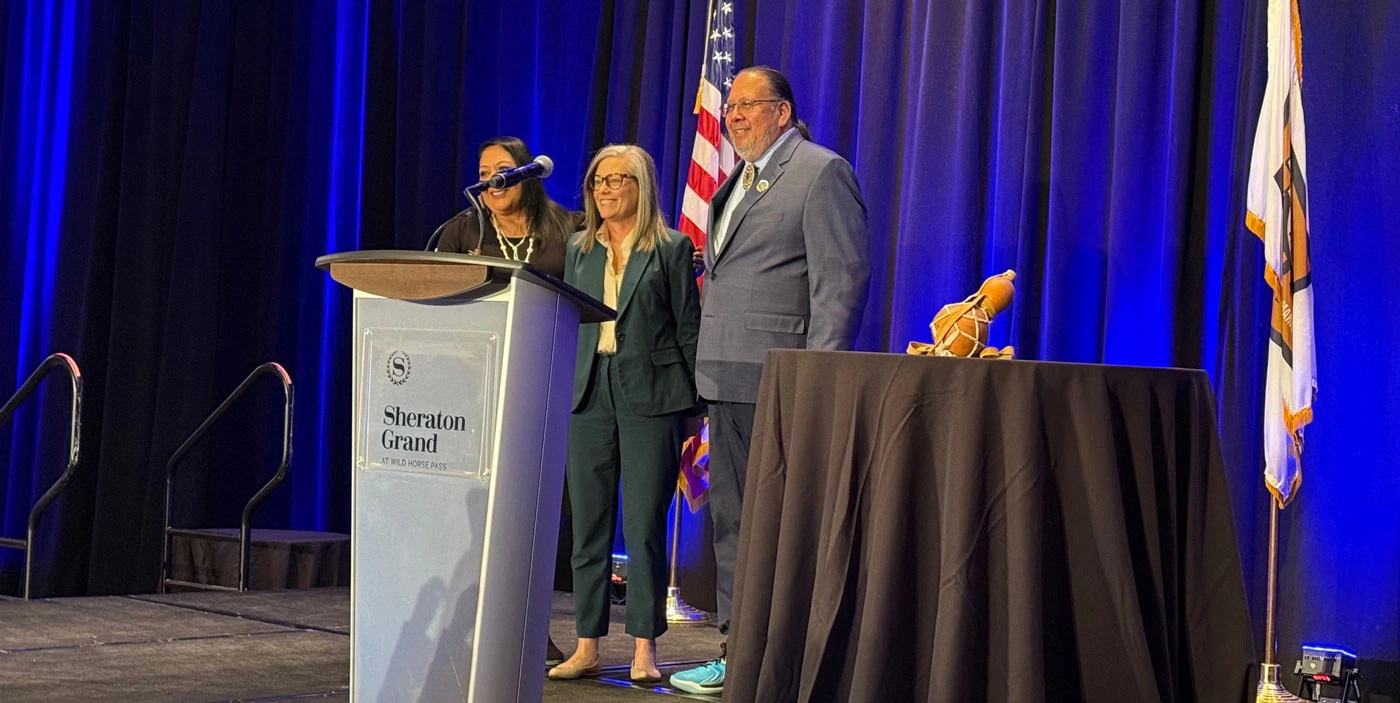 (L to R) GRIC Lt. Governor Regina Antone, AZ Governor Katie Hobbs, and GRIC Governor Stephen Roe Lewis. Image: Sharon B. Megdal