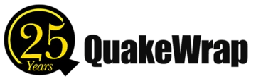 QuakeWrap wordmark in black with 25 year anniversary icon to the left of it