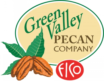 green valley pecan company logo - featured an illustration of two pecans with leaves behind them. Logo is a green and off-yellow oval