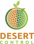 desert control logo - circular abstract fruit and vegetable with leaves and a circular arrow bordering it