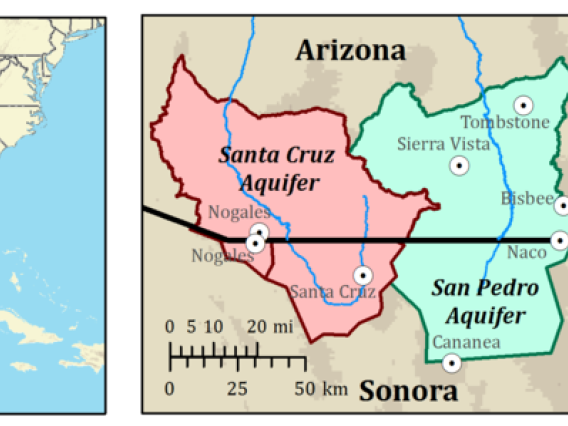 map showing US and Mexico border