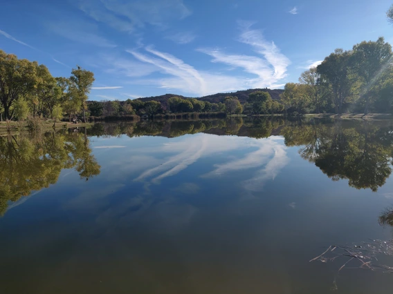 Chris Connor photo showing a reflection at Dead Horse Ranch State Park in Arizona. The horzion showing hills and sky is reflected onto the surface.