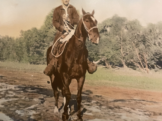 Cory Runyon; Grandfather Mike Martinez Jr. on horseback; Bill Williams River, AZ; 1940