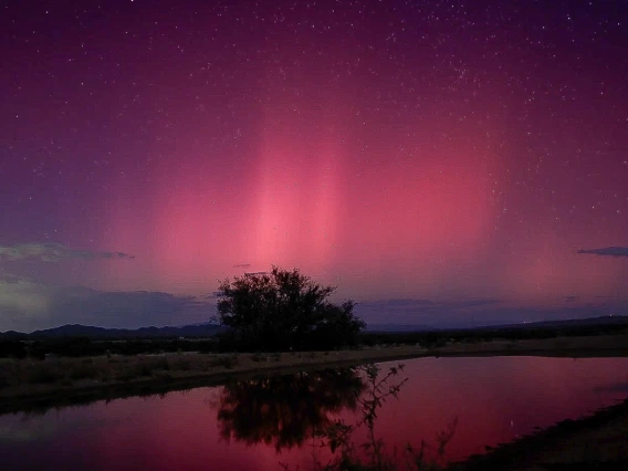 photo showing Las Cienegas National Conservation Area at night. Aurora Borealis can be seen in the sky. Reds and purples define the sky