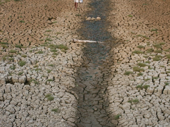 photo of a person walking next to a semi-dry stream