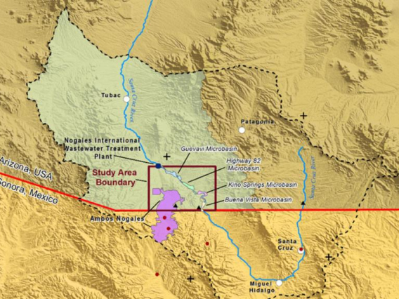 a map of the Sonora-Arizona border with the study area outlined