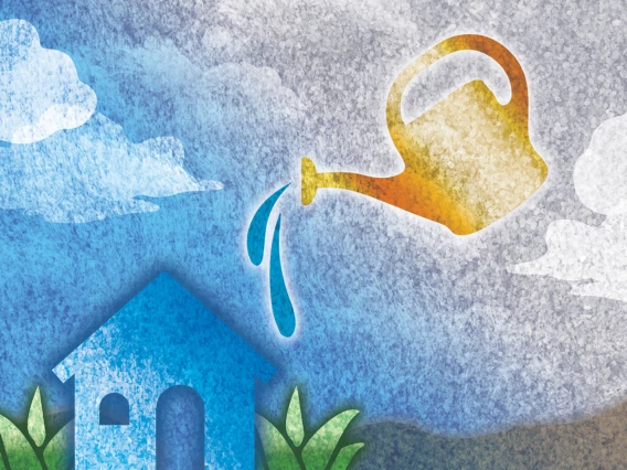 A graphic of a watering can sprinkling water over a small blue house