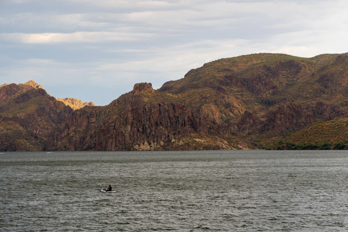 man in a canoe on saguaro lake