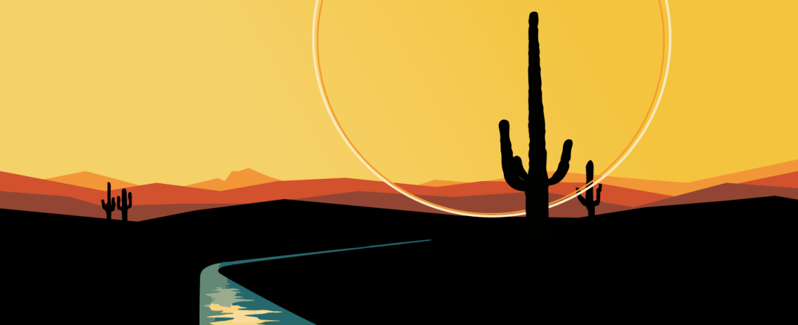 A graphic depicting a Saguaro cactus against a yellow background with a river flowing nearby