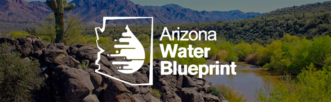 Arizona Water Blueprint Logo. A water drop surrounded by a silhouette of the state of Arizona