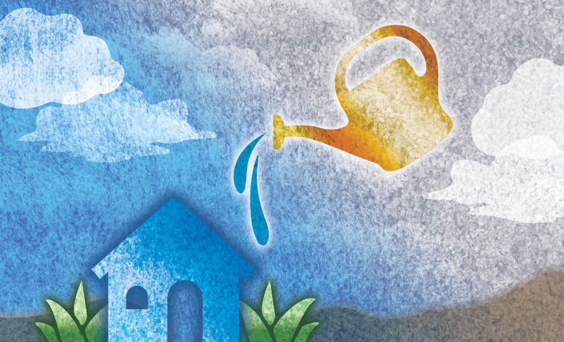 A graphic of a watering can sprinkling water over a small blue house
