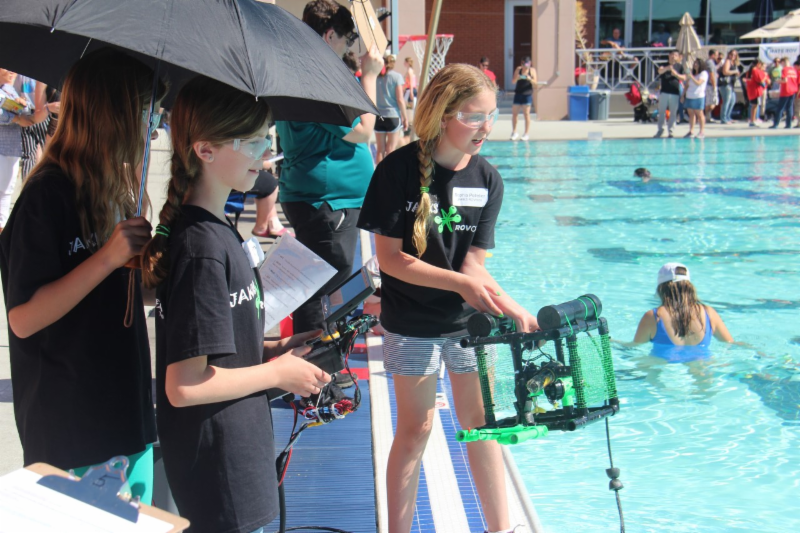 students  by pool with robots