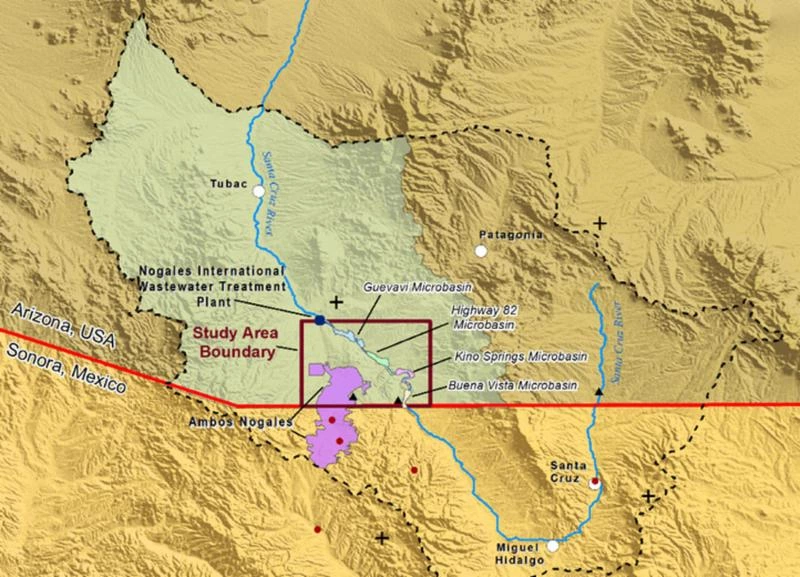 a map of the Sonora-Arizona border with the study area outlined