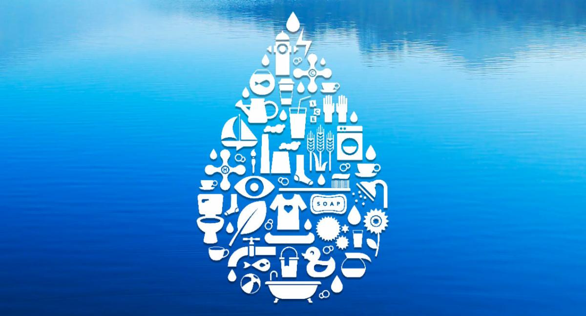 graphic of water droplet comprised of symbols of daily activities