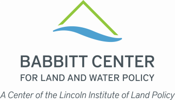 babbitt center logo - blue water streak with abstract green peak over it
