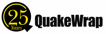 QuakeWrap wordmark in black with 25 year anniversary icon to the left of it