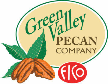 green valley pecan company logo - featured an illustration of two pecans with leaves behind them. Logo is a green and off-yellow oval