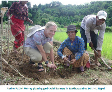 Author Rahcel Murray planting garlic with farmers in Sankhuwasabha District, Nepal